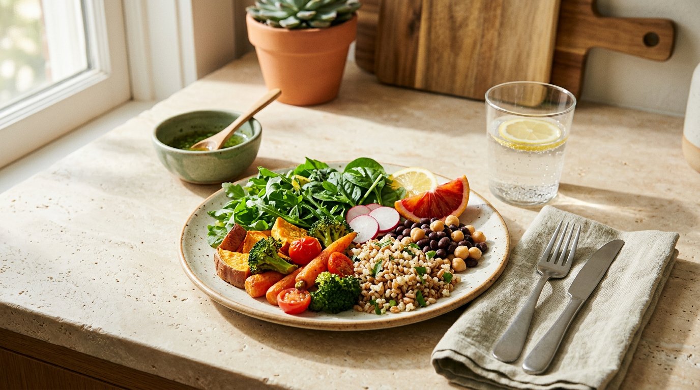 A colorful, balanced meal with vegetables, grains, beans and citrus on a sunlit table