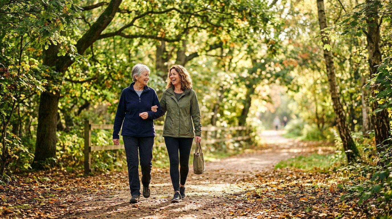 Two friends enjoying an easy walk together beneath leafy trees