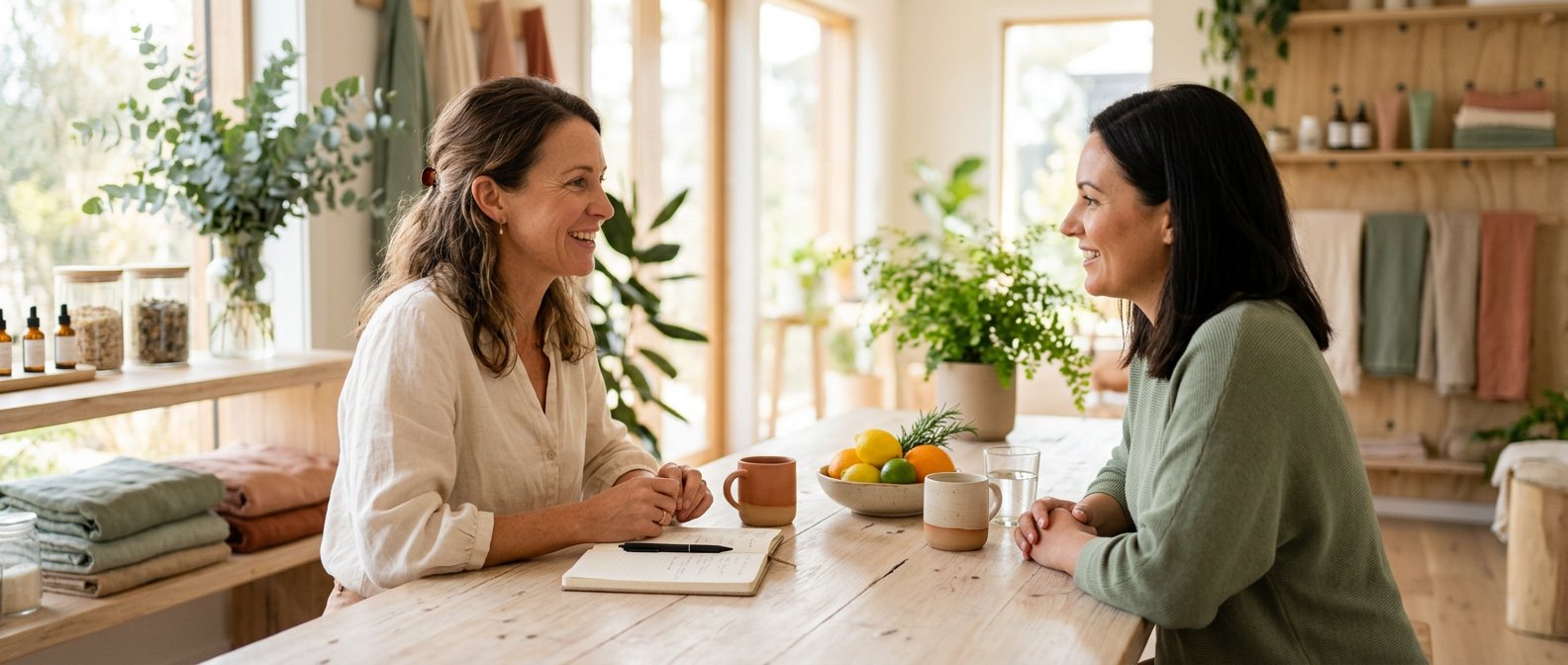 A caring practitioner listening to a client during a relaxed wellness conversation